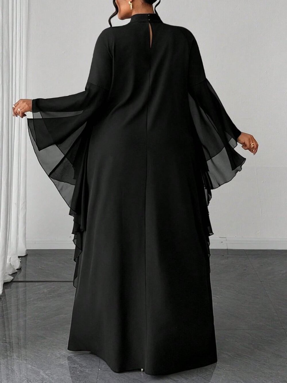 Black Modest Women's Flutter Sleeve Loose Flattering Dress - Picture 2 of 7